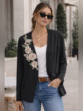 Gianni Bini Black Embroidered Floral Blazer Open Front Chic Jacket M